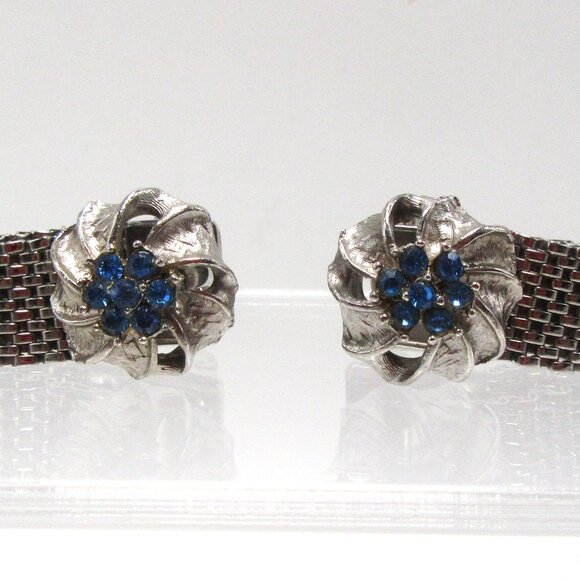 Vintage blue rhinestone silver tone ribbons unisex wrap cufflinks - Picture 6 of 7